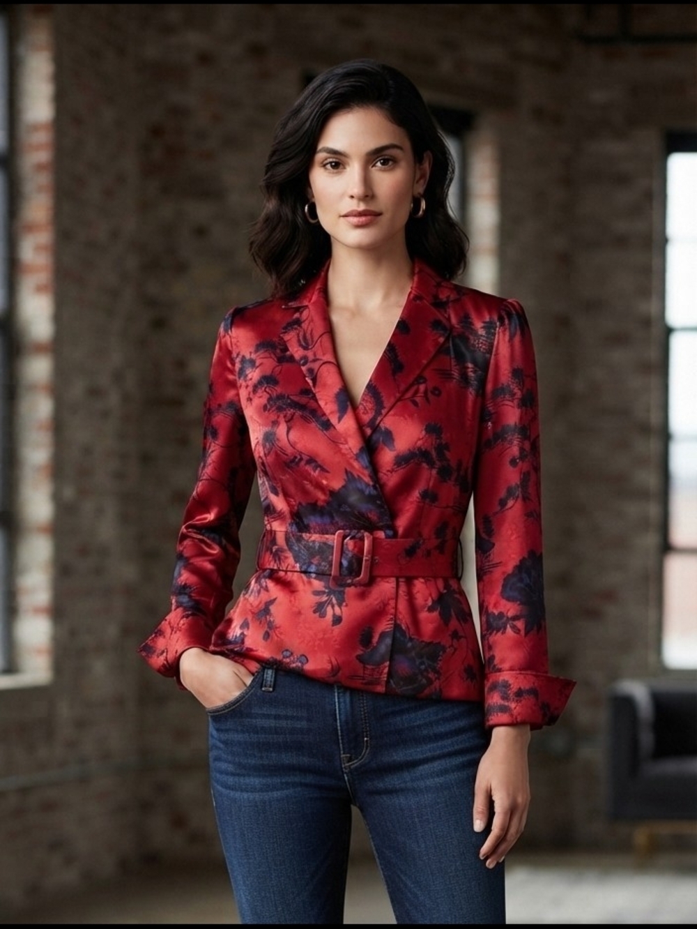 Zara Red Floral Satin Wrap Blazer with Belt